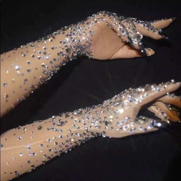 Rhinestones Spandex Elbow Length Gloves Crystals Embellished Long Mittens - Picture 9 of 11